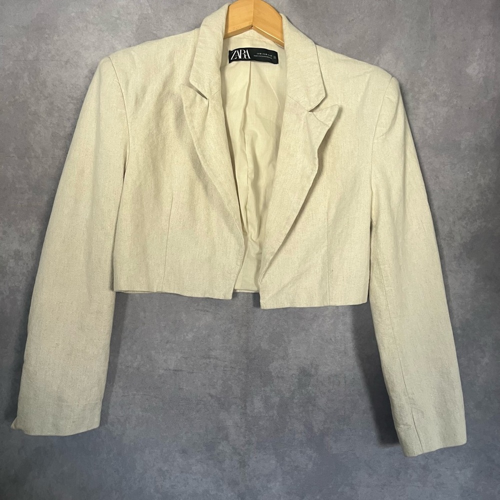 Zara Cream Cropped Blazer Cotton Textured Blazer Medium